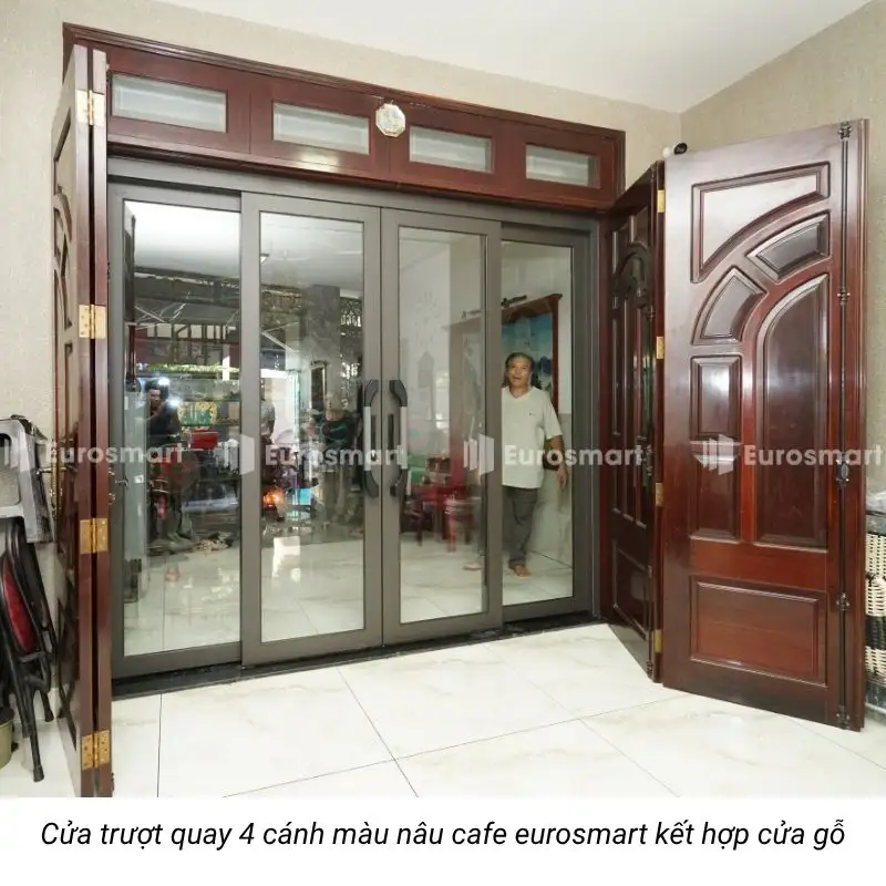Cửa trượt quay 4 cánh màu nâu cafe 7